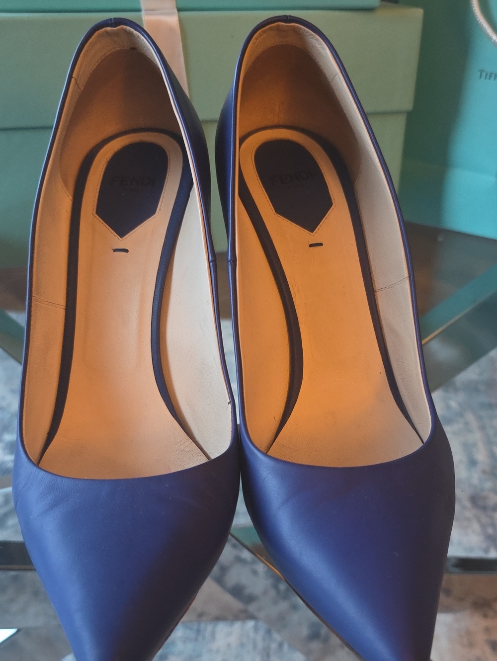 Fendi Blue Leather Pointed Toe Pumps Heels Stiletto